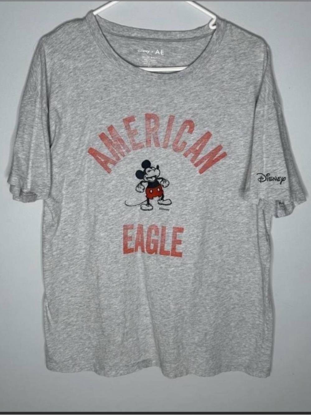 American Eagle Outfitters Gray Tee with Red Lettering and Mickey Graphic